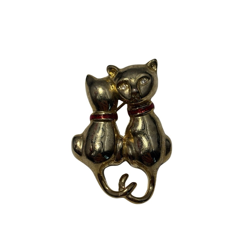 Vintage Gold Tone Red Enamel Collar Rhinestone Eye Double Kitty Cat Brooch Pin